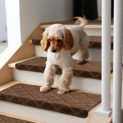 DEXDE Bullnose Stair Treads for Wooden Steps Non-Slip Stair Runner, 14 Pcs | Reusable bullnose carpet Stair Treads Indoor, Peel and Stick Stair Rugs with Edge Protection, Soft Washable, 30"x9.5" Grey