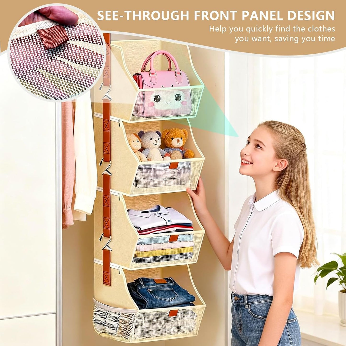 Fabric 4 Tier Hanging Closet Organizers Heavy Duty Shelf Hanging Storage Towel Clothes Sweater Jeans Bag Organizer For Closet For Bedroom,Dorm,RV,See Through Front Panel, Space-Saving (Beige-4Tier)