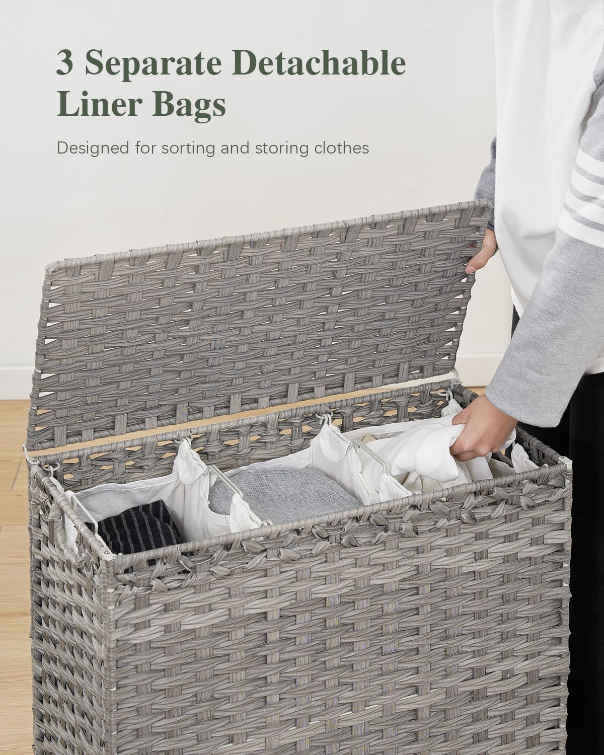 SETVSON Laundry Hamper with Lid 132 L, (35 Gallons) Clothes Hamper with Lid, Handwoven Rattan Laundry Hamper with Metal Heightened Feet, Laundry Hampers with 3 Removable Liner Bags for Laundry-Natural