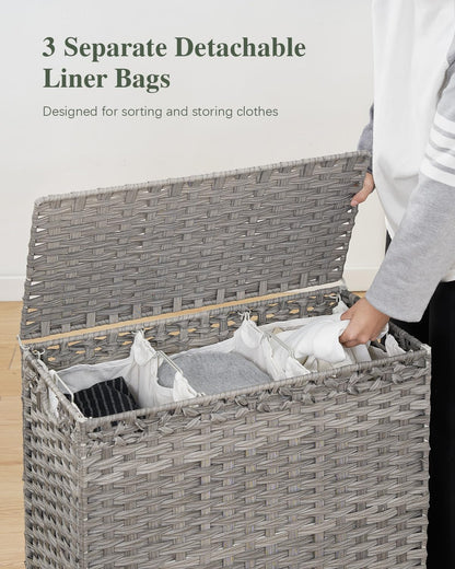 SETVSON Laundry Hamper with Lid 132 L, (35 Gallons) Clothes Hamper with Lid, Handwoven Rattan Laundry Hamper with Metal Heightened Feet, Laundry Hampers with 3 Removable Liner Bags for Laundry-Natural