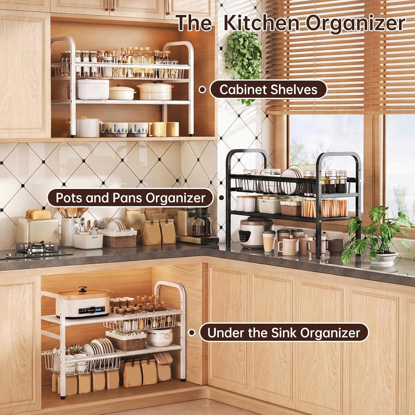 2 Tier Under Sink Organizer Expandable Length/Height Adjustable Heavy | Length/height adjustable fits any cabinet, 4 removable shelves/baskets, anti-wobble feet, for kitchen/bathroom/laundry
