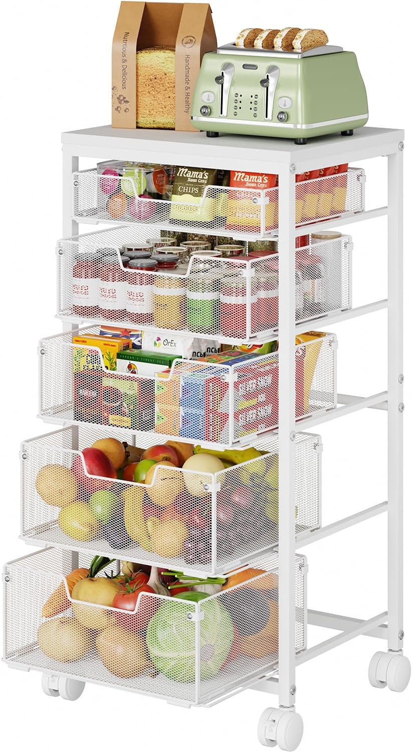 4 Tier Kitchen Rolling Cart, Kitchen Storage Cart with Wheels, Adjust Pantry Organizer and Storage Cart with Drawer, Fruit Vegetable Spice Storage Cart, Wooden Top Metal Kitchen Organizer Rack Stand