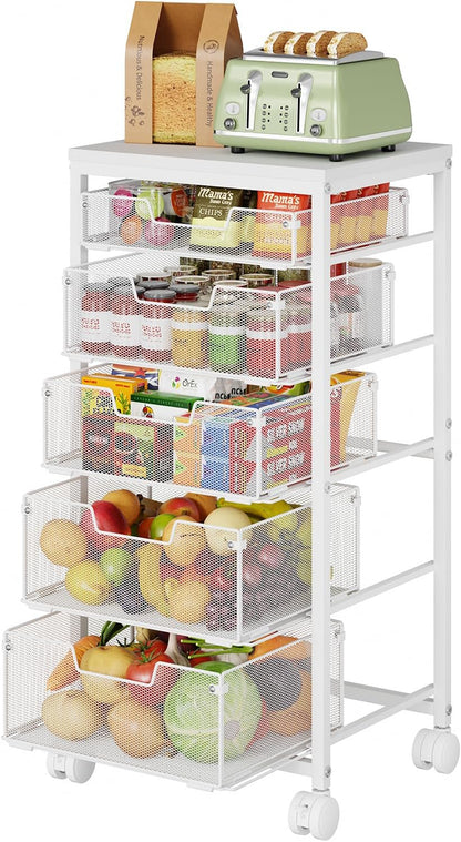 4 Tier Kitchen Rolling Cart, Kitchen Storage Cart with Wheels, Adjust Pantry Organizer and Storage Cart with Drawer, Fruit Vegetable Spice Storage Cart, Wooden Top Metal Kitchen Organizer Rack Stand