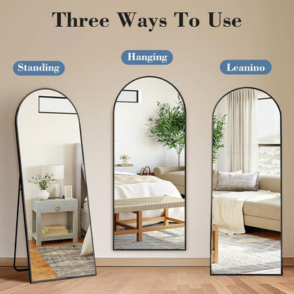 59"x16" Arched Full Length Mirror, Full Body Mirror with Leaning or Standing, Floor Standing Aluminum Frame for Bedroom, Livingroom, Cloakroom, Black