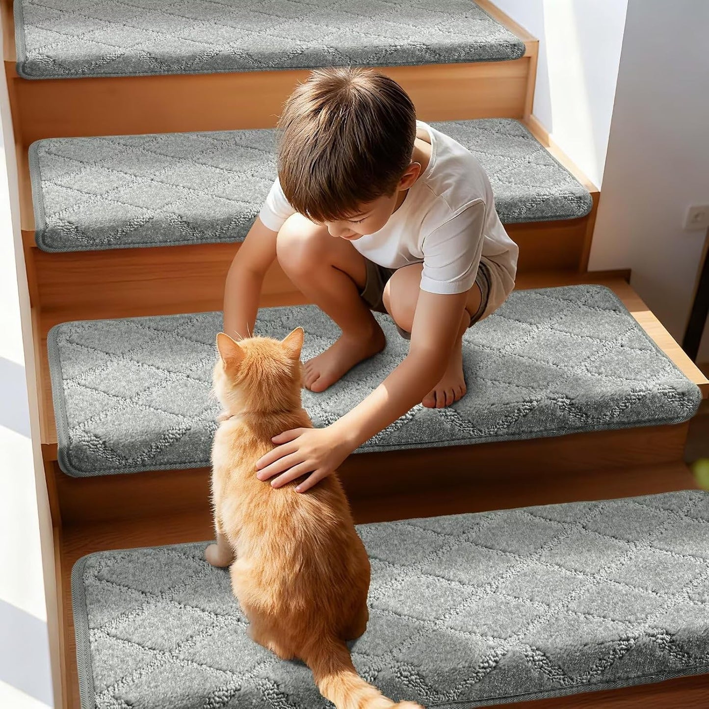 DEXDE Bullnose Stair Treads for Wooden Steps Non-Slip Stair Runner, 14 Pcs | Reusable bullnose carpet Stair Treads Indoor, Peel and Stick Stair Rugs with Edge Protection, Soft Washable, 30"x9.5" Grey