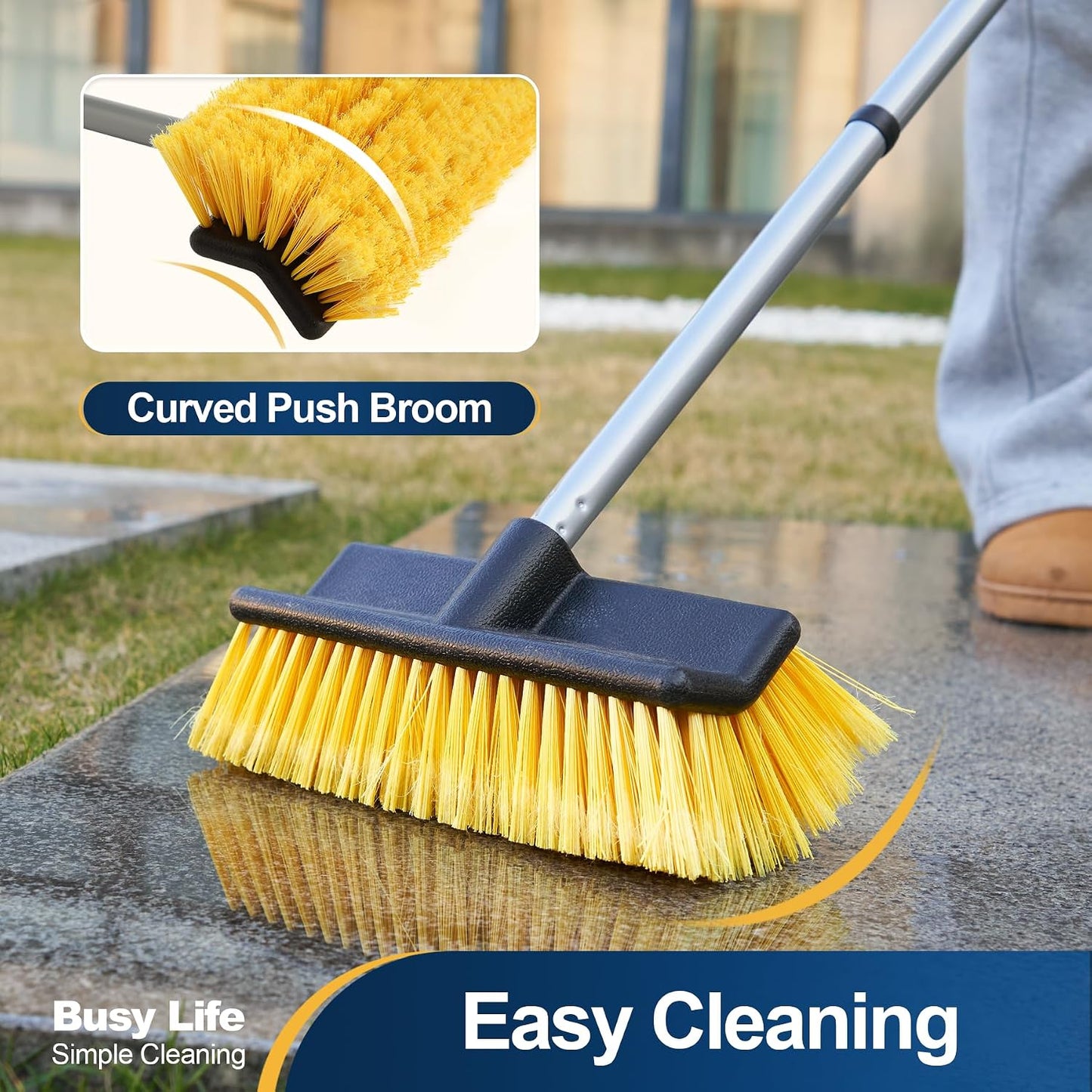 Yocada Deck Brush with 4-Section Extendable Handle Floor Scrub Brush Soft &Medium Bristles Non-Slip Grip for Outdoor Deck Patio Bathroom Garage Concrete Cleaning 54.3 Inch