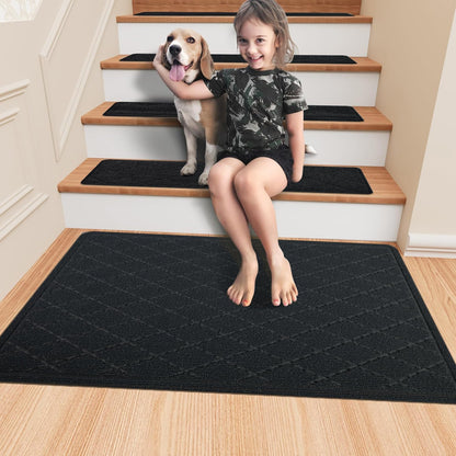 KOOTETA Stair Treads for Wooden Steps Indoor, 15 Pack 8" X 30" Non Slip Carpet Stair Treads with Reusable Adhesive for Kids Elders and Dogs, Surface Polyester TPR Backing Stair Runner Rugs, Dark Grey
