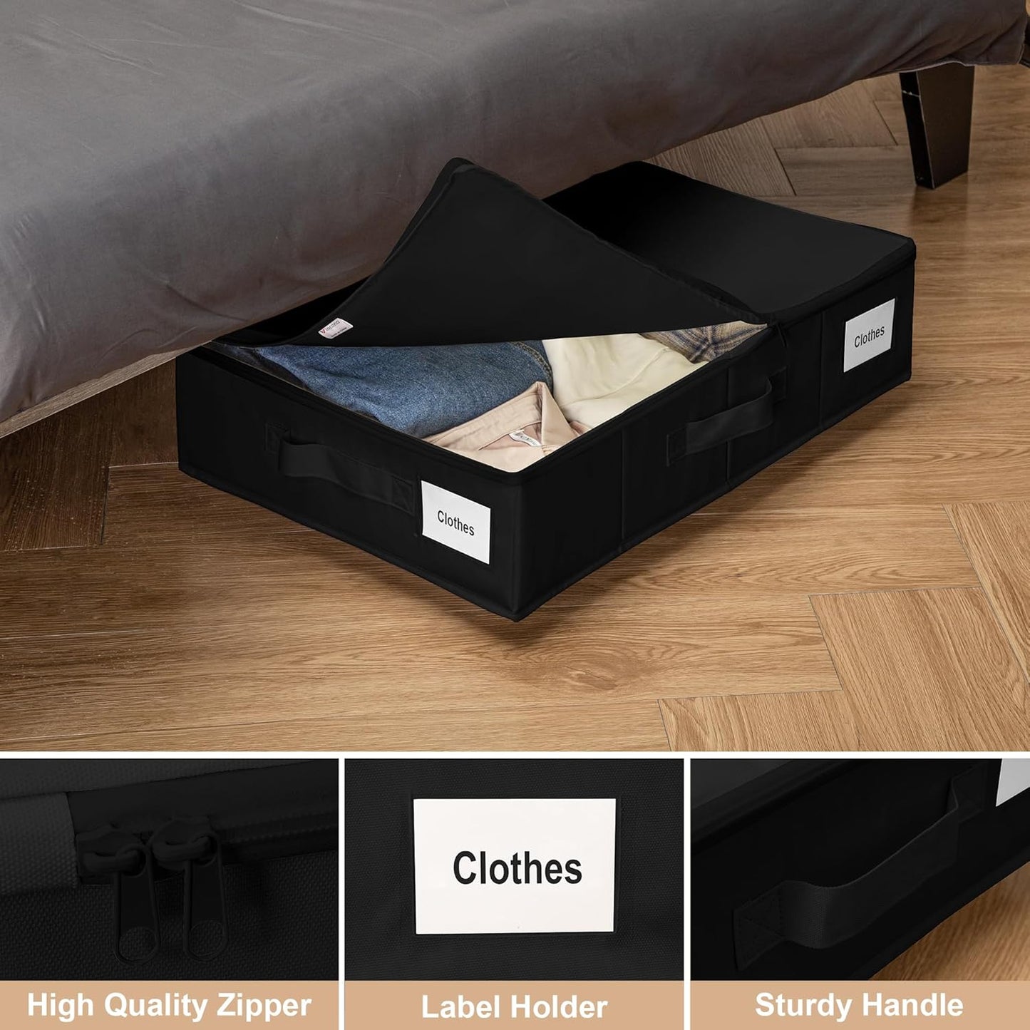 Vincona Under Bed Storage with Wheels, 2 Pack Under Bed Storage Containers with Label Holders for Clothes, Shoes and Blankets, Rolling Underbed Shoe Organizer with Cover, Beige (30.71x15.7x7.28 in)