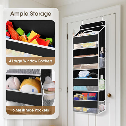 SpaceHacks 1 Pack Over The Door Organizer, Hanging Storage Organizer with Clear Window, 40lb Ultra Sturdy Large Capacity Room Organizer for Pantry Laundry Bathroom Nursery Closet Baby Essential (Grey)