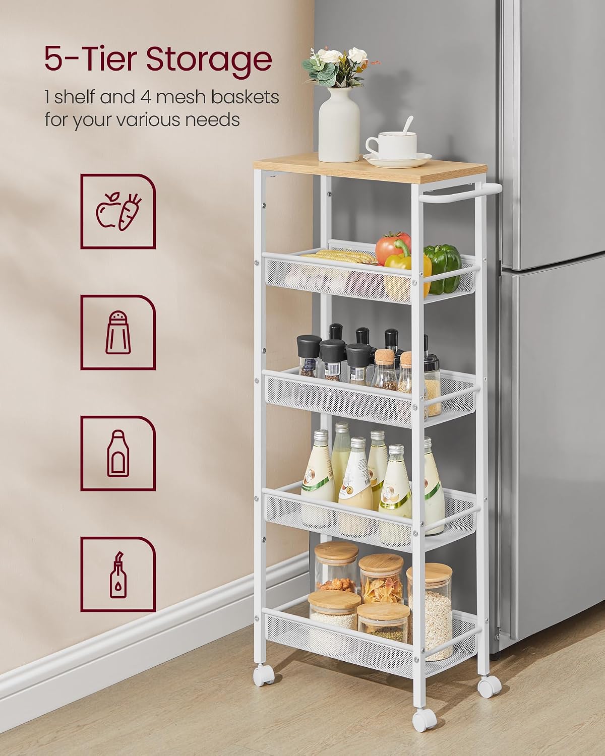 VASAGLE Slim Rolling Cart, 4-Tier Narrow Storage Cart with Handle, 5.1 Inches Deep, Metal Frame, for Kitchen, Dining Room, Living Room, Home Office, Rustic Brown and Classic Black ULRC032B01V1