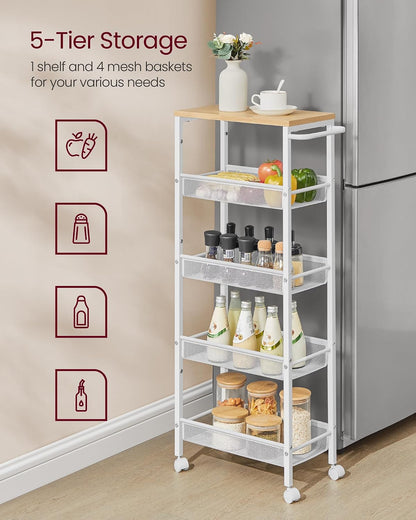 VASAGLE Slim Rolling Cart, 4-Tier Narrow Storage Cart with Handle, 5.1 Inches Deep, Metal Frame, for Kitchen, Dining Room, Living Room, Home Office, Rustic Brown and Classic Black ULRC032B01V1