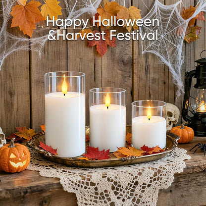 5plots Glass Battery Operated White Flameless Candles with Remote Timer, 3D Wick Real Wax Pillar Led Candles Warm Flickering Light for Indoor Home, Halloween, Christmas Decor, Set of 3, D3 x H4 5" 6"