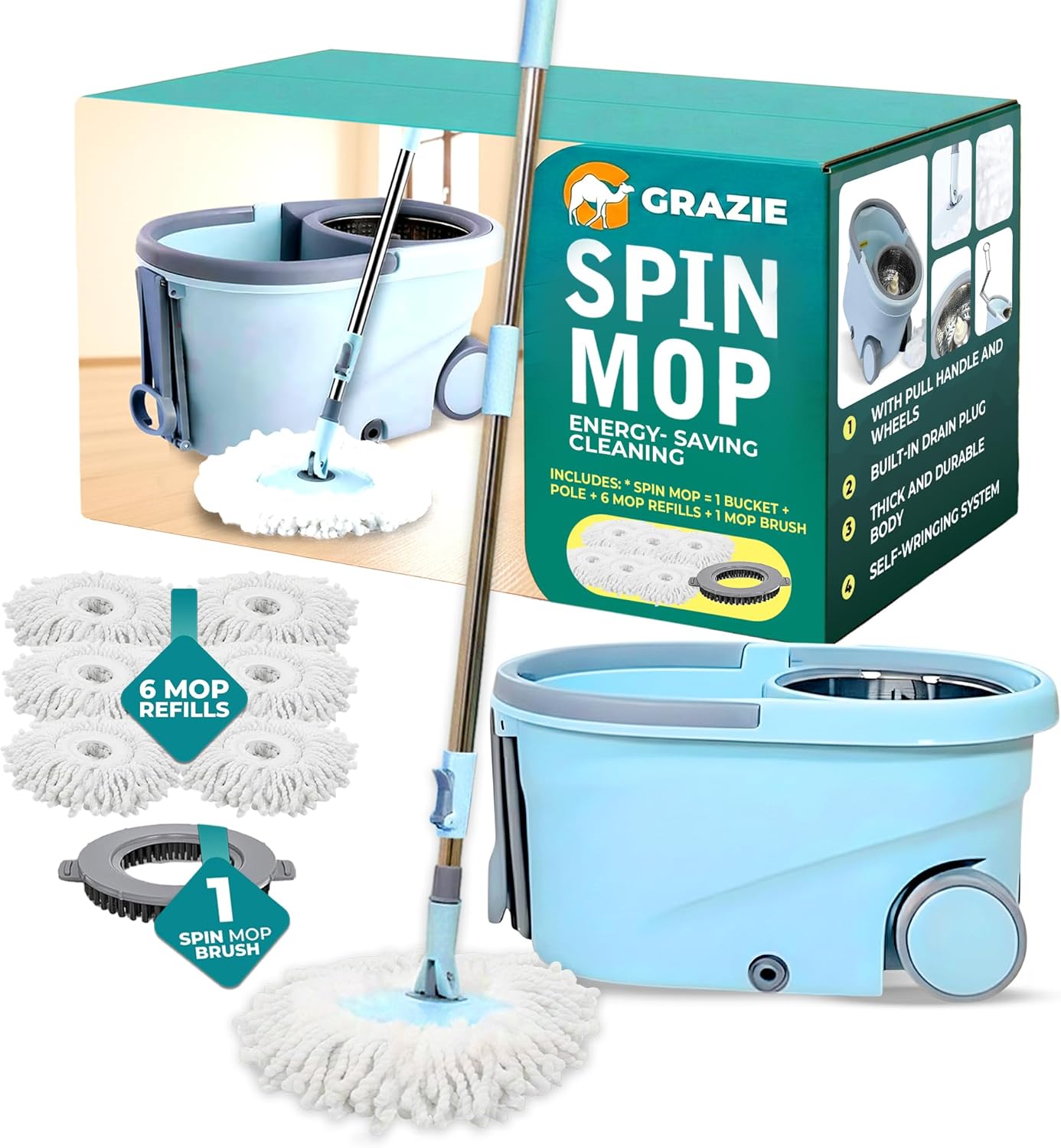Grazie Spin Mop & Bucket Set - 360° Self-Wringing System with Wheels, Stainless Steel Handle - Hands-Free Floor Cleaning for Hardwood, Tile, Laminate - Includes 4 Washable Microfiber Mop Head Refills