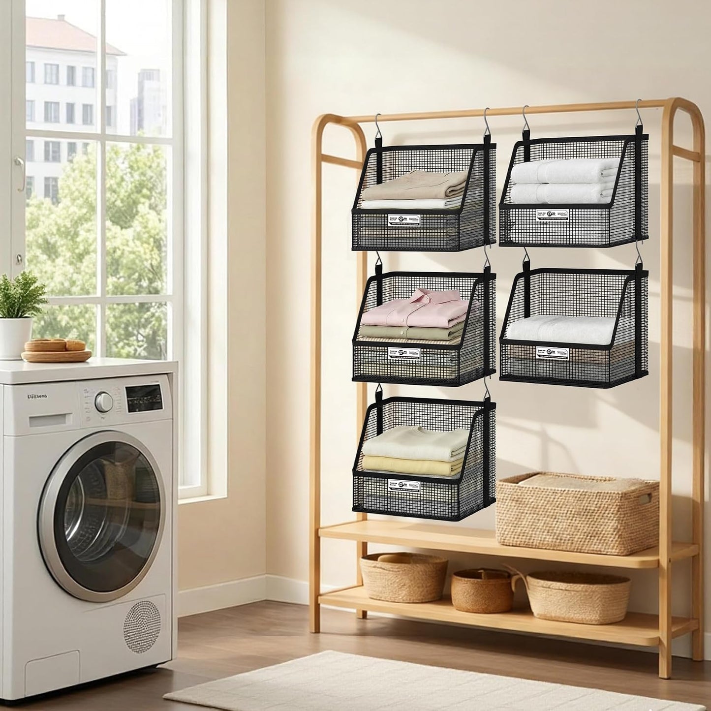 STORAGE MANIAC 3 Tier Hanging Closet Organizer with Mesh Baskets, Clothes Hanging Shelves, Foldable Stackable Storage, Space-Saving Collapsible Basket with Hooks for RV, Dorm, Bedroom, College, Black