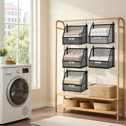 STORAGE MANIAC 3 Tier Hanging Closet Organizer with Mesh Baskets, Clothes Hanging Shelves, Foldable Stackable Storage, Space-Saving Collapsible Basket with Hooks for RV, Dorm, Bedroom, College, Black