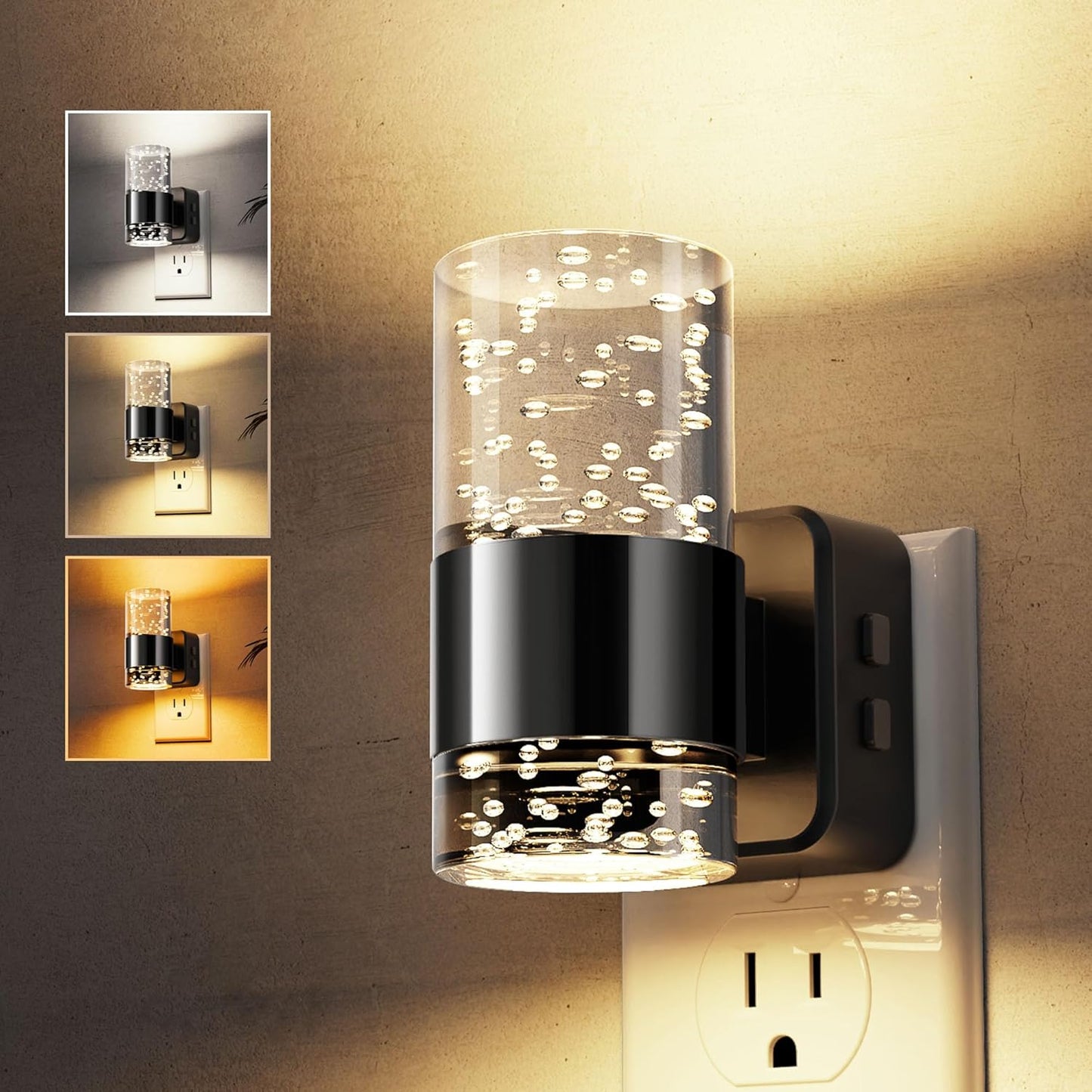 L LOHAS LED Night Light, Bubble Night Lights Plug into Wall,2 Pack 3000K/4000k/5000K Adjustable Color Temperature Night Light,Dimmable Nightlights with Dusk to Dawn Sensor for Rooms Bathroom Hallway