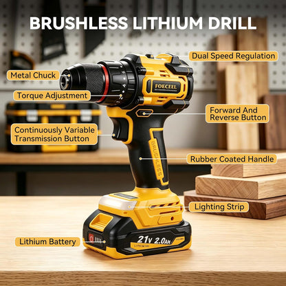 21V Brushless Cordless Drill Set, 35N.m Max Torque | 118Pcs Household Tool Kit, 2×21V 2.0Ah Batteries, Fast Charger, 2 Variable Speed, 20+3 Clutch Settings, Home Repair, DIY Gift