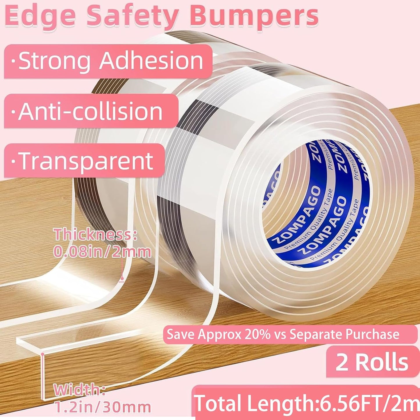 ZOMPAGO Baby Proofing Edge Protector Strip 2In x 13.4FT Clear Furniture Corner Guards for Toddlers Transparent Soft Sharp Edge Safety Bumpers Table Desk Fireplace Child Proof Protector Tape