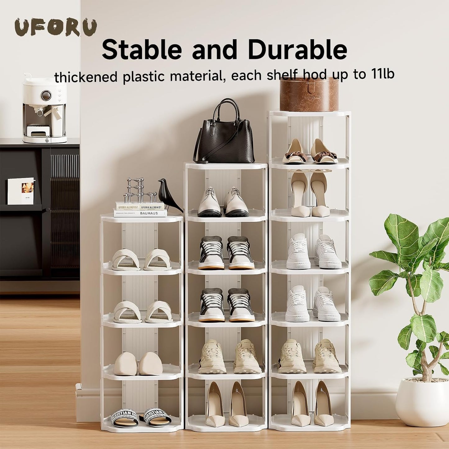 UFORU Small Shoe Rack, 5 Tier Plastic Vertical Shoe Rack for Small and Narrow Spaces, Free Standing Shoe Organizer for Closet, Entryway