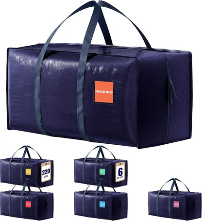 6 Pack Moving Bags Heavy Duty 210GSM with Full-Open Side Zipper, 93L 220lbs Waterproof Foldable Storage Totes for College Dorm Move-In, Moving Boxes Alternative & Home Organization, Blue