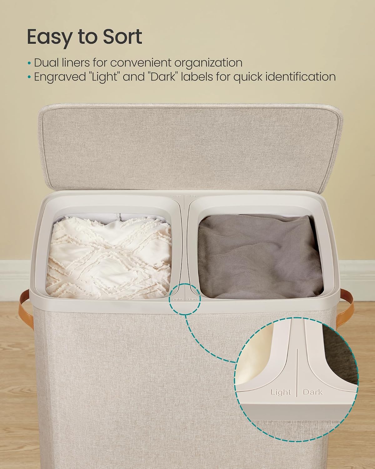 SONGMICS Laundry Basket, 50.2 Gal. Laundry Hamper, 3 Compartments, Easy Assembly, with Lid and Handles, Removable Liners, 25.2 x 15.7 x 29.5 Inches, Cappuccino Beige ULCB814LH01