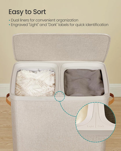 SONGMICS Laundry Basket, 50.2 Gal. Laundry Hamper, 3 Compartments, Easy Assembly, with Lid and Handles, Removable Liners, 25.2 x 15.7 x 29.5 Inches, Cappuccino Beige ULCB814LH01
