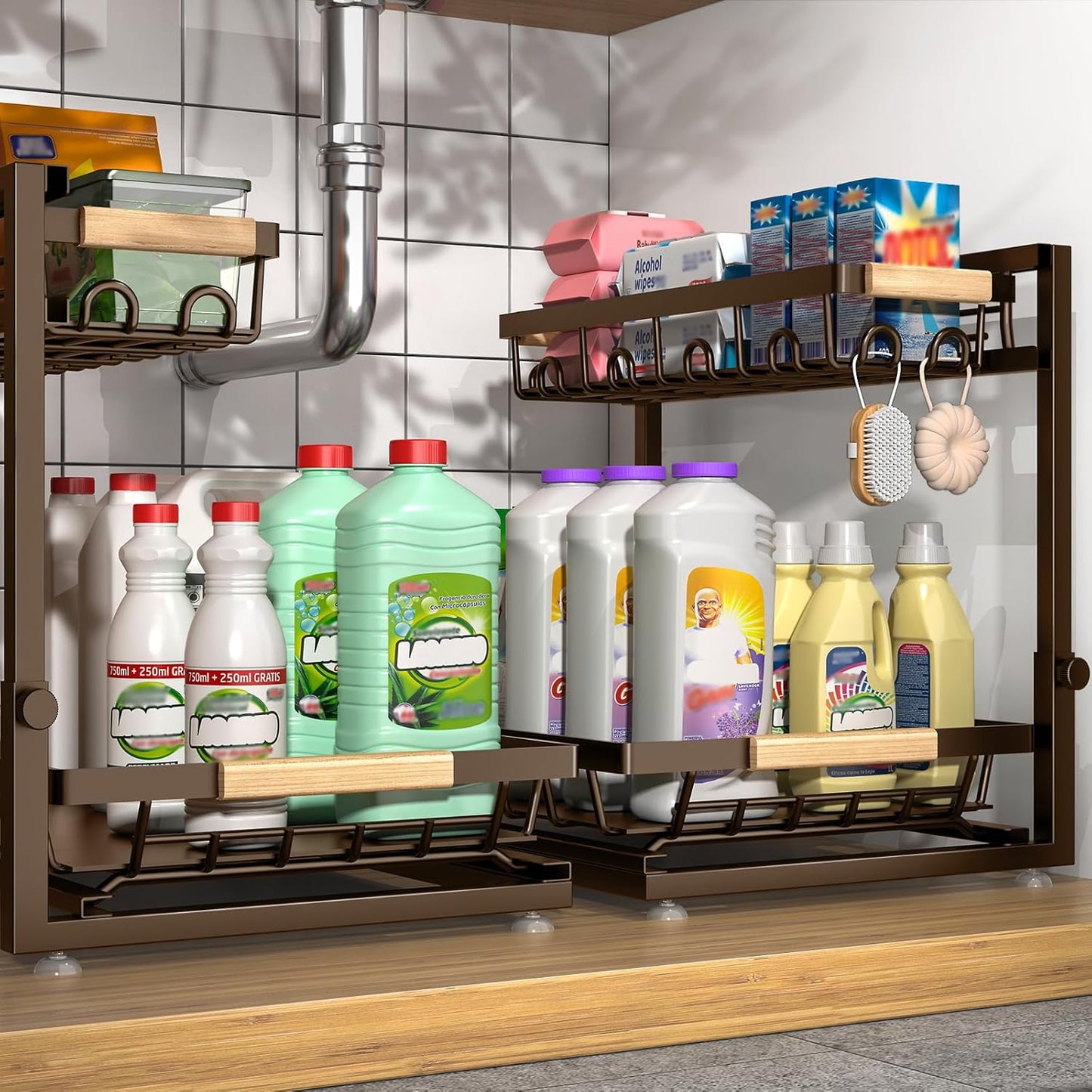 Sevenblue 2-Pack 2-Tier Height Adjustable Under Sink Organizer & Storage | Multi-purpose storage for kitchen & bathroom cabinet. Large brown shelf, height adjustable design for space-saving.