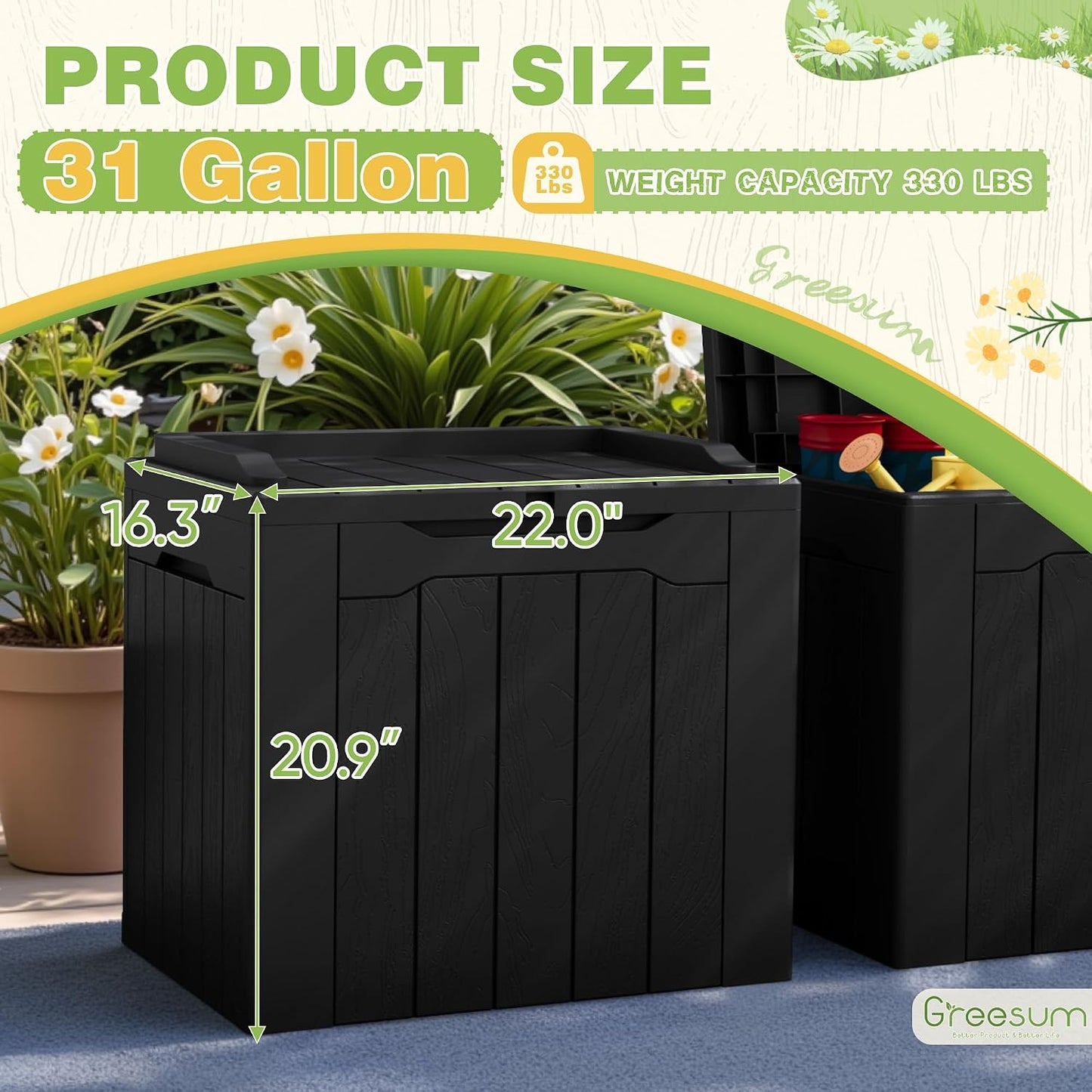 Greesum 31 Gallon Resin Deck Box All Weather Outdoor Storage Boxes for Patio Furniture Set,Outdoor Toys,Garden Tools,Black