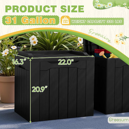 Greesum 31 Gallon Resin Deck Box All Weather Outdoor Storage Boxes for Patio Furniture Set,Outdoor Toys,Garden Tools,Black