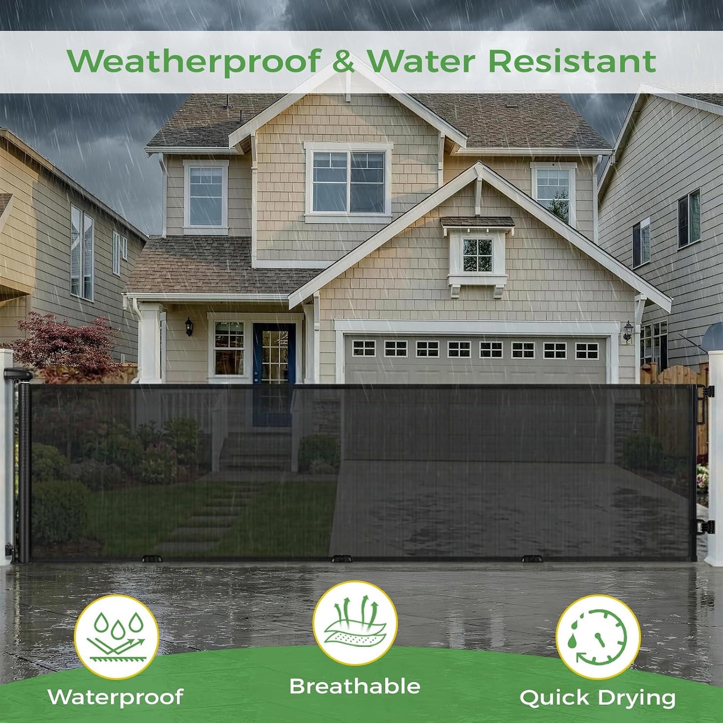 FRUITEAM 120" Wide Outdoor Waterproof Retractable Gate for Dogs & Kids – Ground Stakes, Easy One-Hand Operation, Scratch-Resistant & Tear-Proof Mesh for Indoor/Outdoor Use on Garage, Driveway – Black