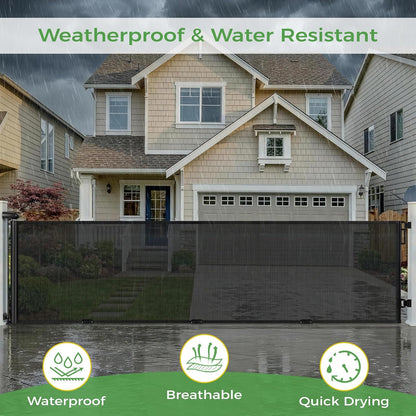 FRUITEAM 120" Wide Outdoor Waterproof Retractable Gate for Dogs & Kids – Ground Stakes, Easy One-Hand Operation, Scratch-Resistant & Tear-Proof Mesh for Indoor/Outdoor Use on Garage, Driveway – Black