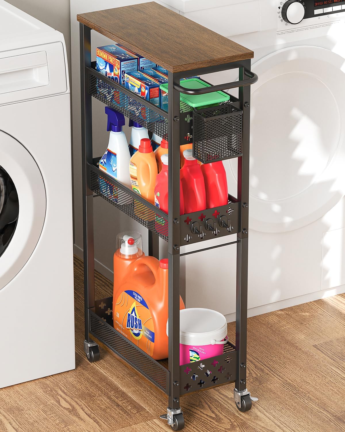 Slim Storage Cart 4 Tier Laundry Cart with Wheels, Narrow Metal Kitchen Rolling Carts Bathroom Organizers Storage Shelf with Wood Rack and Handle for Small Space