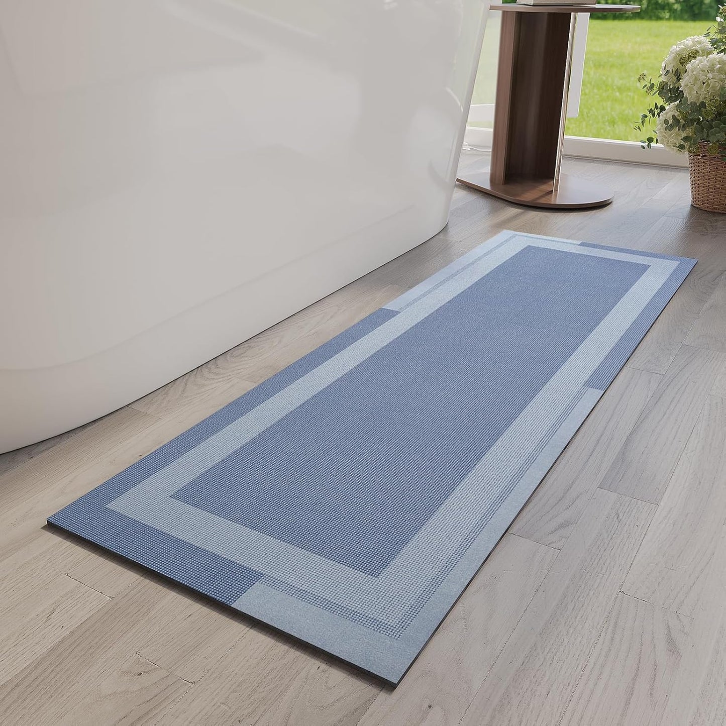 YDKGL Non Slip Bath Mat, Rubber Backing Ultra Thin Bathroom Rugs Fit Under Door Quick Dry Super Absorbent Washable Bath Rug Shower Mat for Bathroom Floor Bathtub Shower Sink, Easy Care Blue 16"x 24"