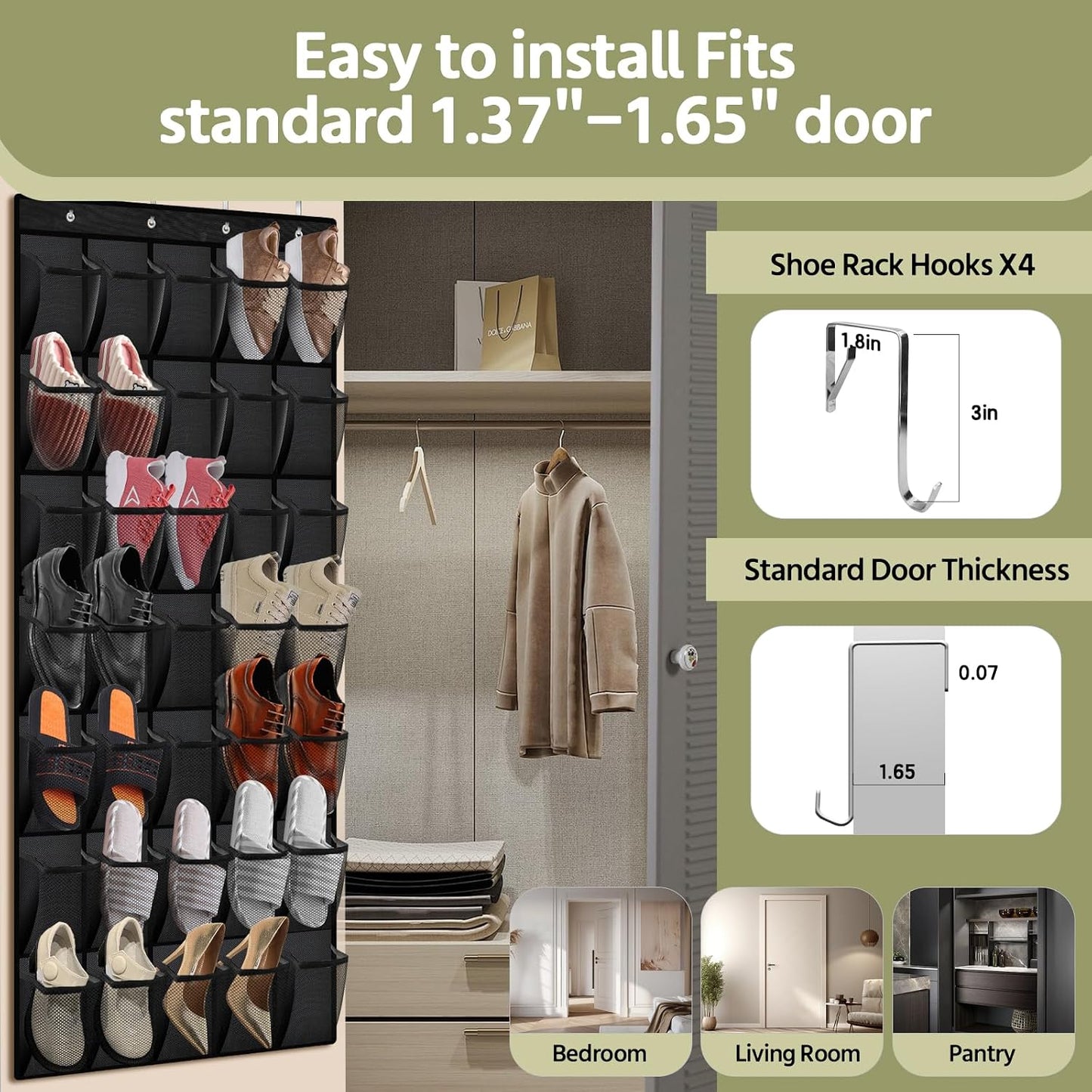 PAULONE 12 Pocket Over the Door Shoe Organizer,Reusable Breathable Large Mesh Bag Men's & Women's Sneaker Organizer,Shoe Organizer for Kids,Hanging Shoe Storage Hanging Bag (White)