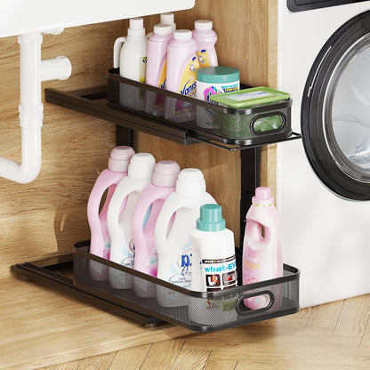 2-Pack Under Sink Storage Organizer with 2-Tier Slide Out Drawer, Sophisticated Mesh Pull Out Shelf for Kitchen & Bathroom, Fits Small Items, Upgraded Arched Track for Smooth Gliding(Patented)