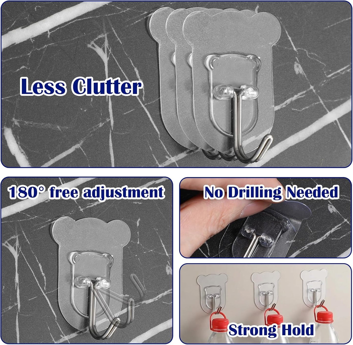 20Pcs Heavy Duty Adhesive Hooks, 5 kg/11 lbs Max Load, Sticky Wall Hooks for Hanging Towels, Coats, Keys, Transparent Waterproof No-Damage Wall Hook for Bathroom, Kitchen, Office & Home Decor