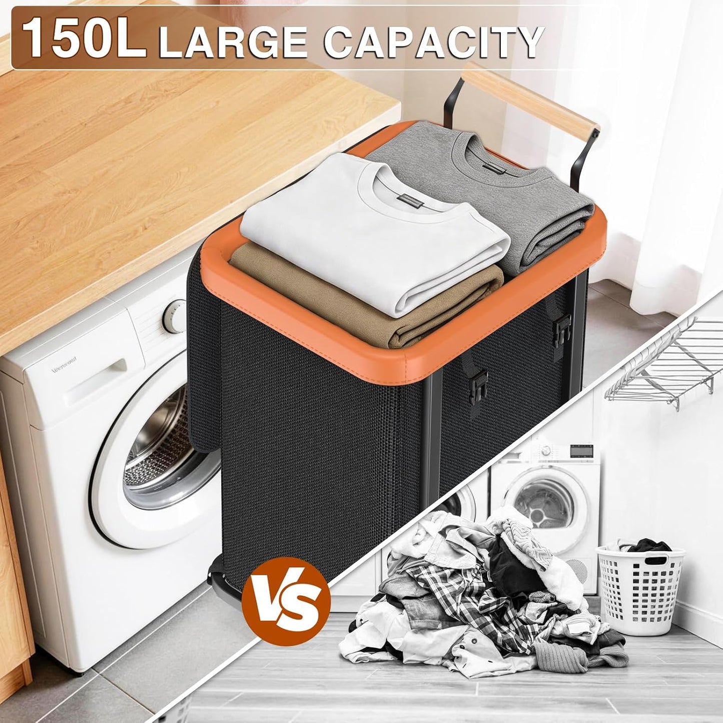 Rolling Laundry Hamper with Wheels, Laundry Hamper 3 Section with Lid, Laundry Basket with Rolling Lockable Wheels and Handle, Laundry Basket Organizer for Laundry Room, Bedroom 230L Black