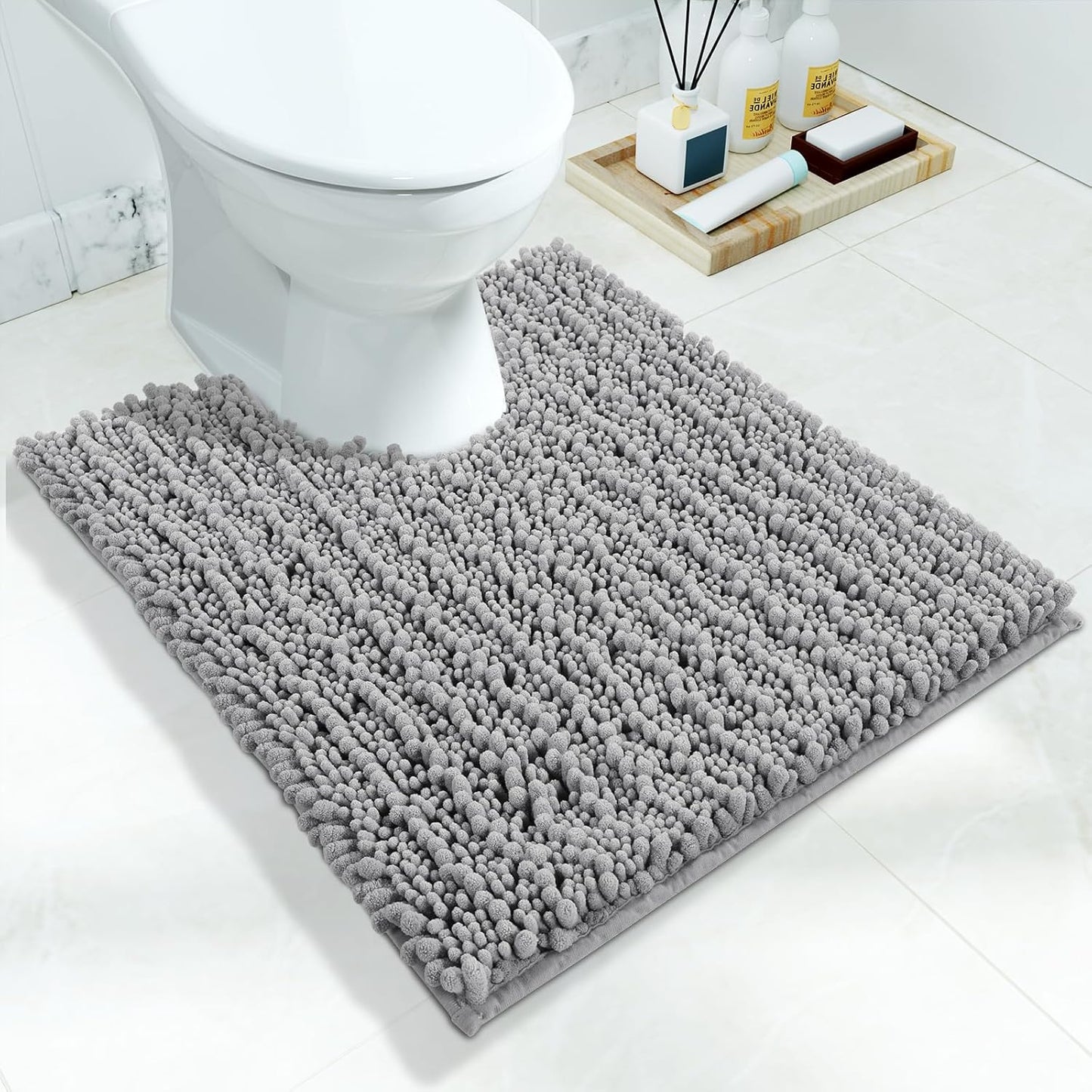Yimobra Bathroom Rugs Non Slip Washable - Ultra Soft Absorbent Chenille Bath Mat, Quick Dry Shaggy Floor Carpet for Tub Shower, Gray Home Decor Accessories, 24x17 Inch