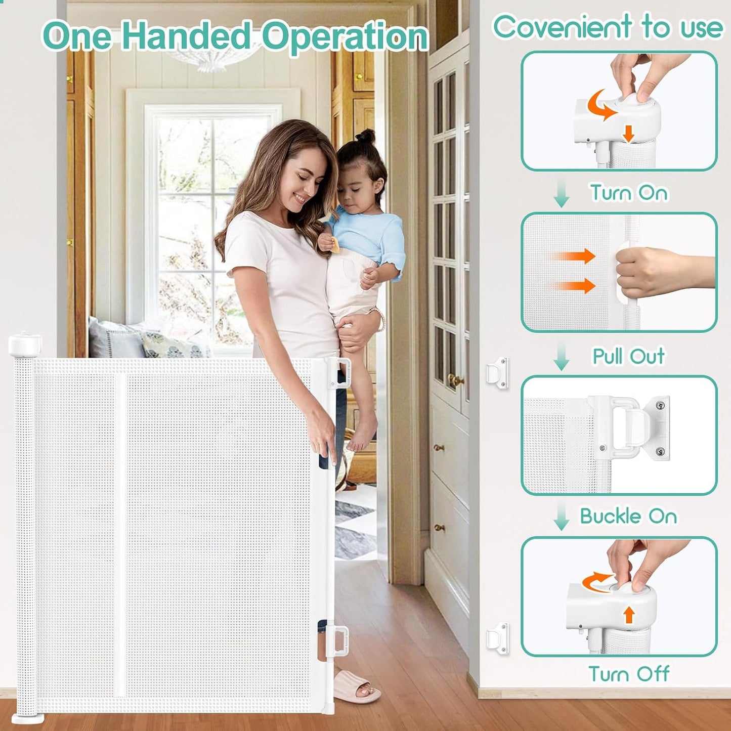 71 inch Retractable Baby Gates, EZIGO Extra Wide Baby Gate for Large Opening Extra Long Mesh Gate for Kids or Pet Dog Gate Child Safety Gate for Stairs Hallways Doorway Indoor Outdoor, Gray