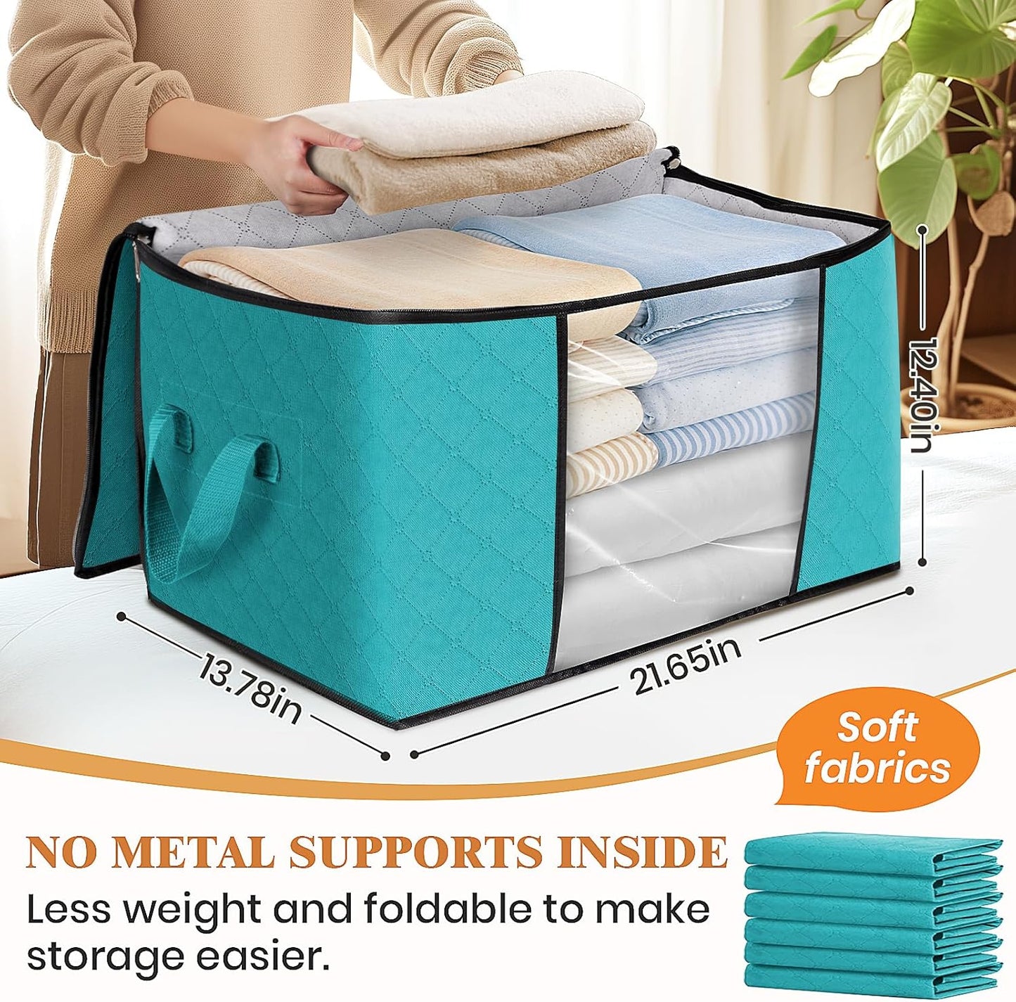 Fab totes 6 Pack Storage Bags for Clothes and Blanket, Foldable Closet Organizers and Storage with Zippers, Clear Window and Handles, Fabric Storage Bins for Sweater, Comforter, Bedding,Linen Sheets