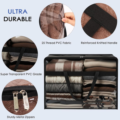SGHUO Blanket Storage Bags 60L Extra Large Plastic Vinyl Clear Storage Bag for Clothes, Comforter, Bedding, Moving Bags with Zipper and Reinforced Handle (4pcs)