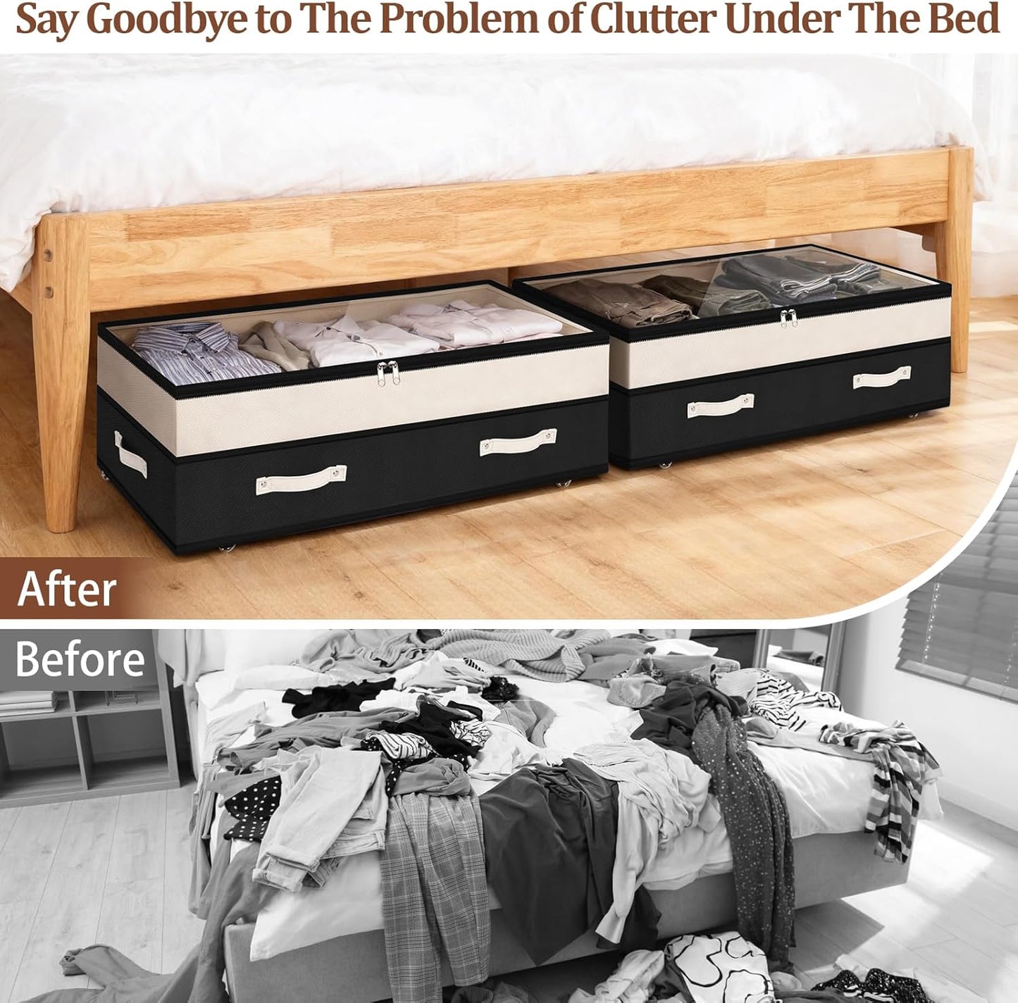 Dolicer 2 Pack Under Bed Storage with Wheels, 6in-10in Height Adjustable Underbed Storage Containers, 92L XXXL Under Bed Drawers Rolling Bin with Clear Lids for Dorm Shoes Clothes Organizers(Grey)