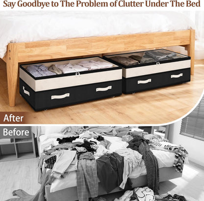 Dolicer 2 Pack Under Bed Storage with Wheels, 6in-10in Height Adjustable Underbed Storage Containers, 92L XXXL Under Bed Drawers Rolling Bin with Clear Lids for Dorm Shoes Clothes Organizers(Grey)