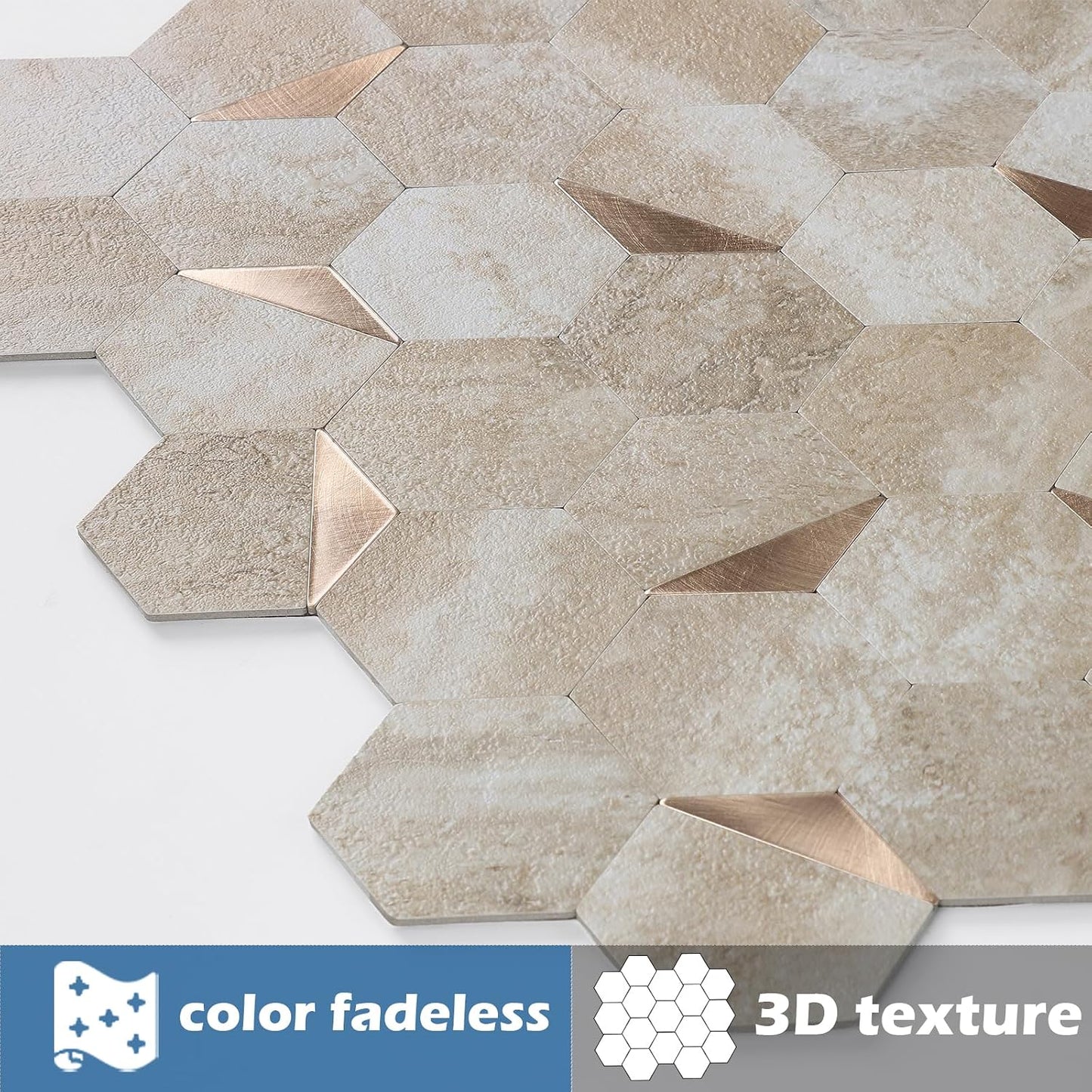 10-Sheet Heavy-Duty Hexagon Peel and Stick Backsplash, Thick Waterproof &Heat Resistant Stick on Wall Tiles, Slate Beige Mosaic for Kitchen & Bathroom, Strong Adhesive Permanent PVC Tiles