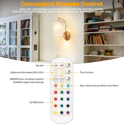 MATAMEYE Battery Operated Wall Sconce Set of 2, Black Rechargeable Wireless Wall Light Fixture with Remote, 12 RGB Colors & Timer, Indoor Dimmable Wall Lamp with Linen Shade