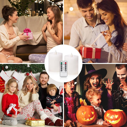 3"x4" Flickering Flameless Battery Candles with Timer, White Realistic LED Pillar Candles, Set of 2 Large Remote-Operated Candles for Home Indoor/Outdoor & Holiday Decor