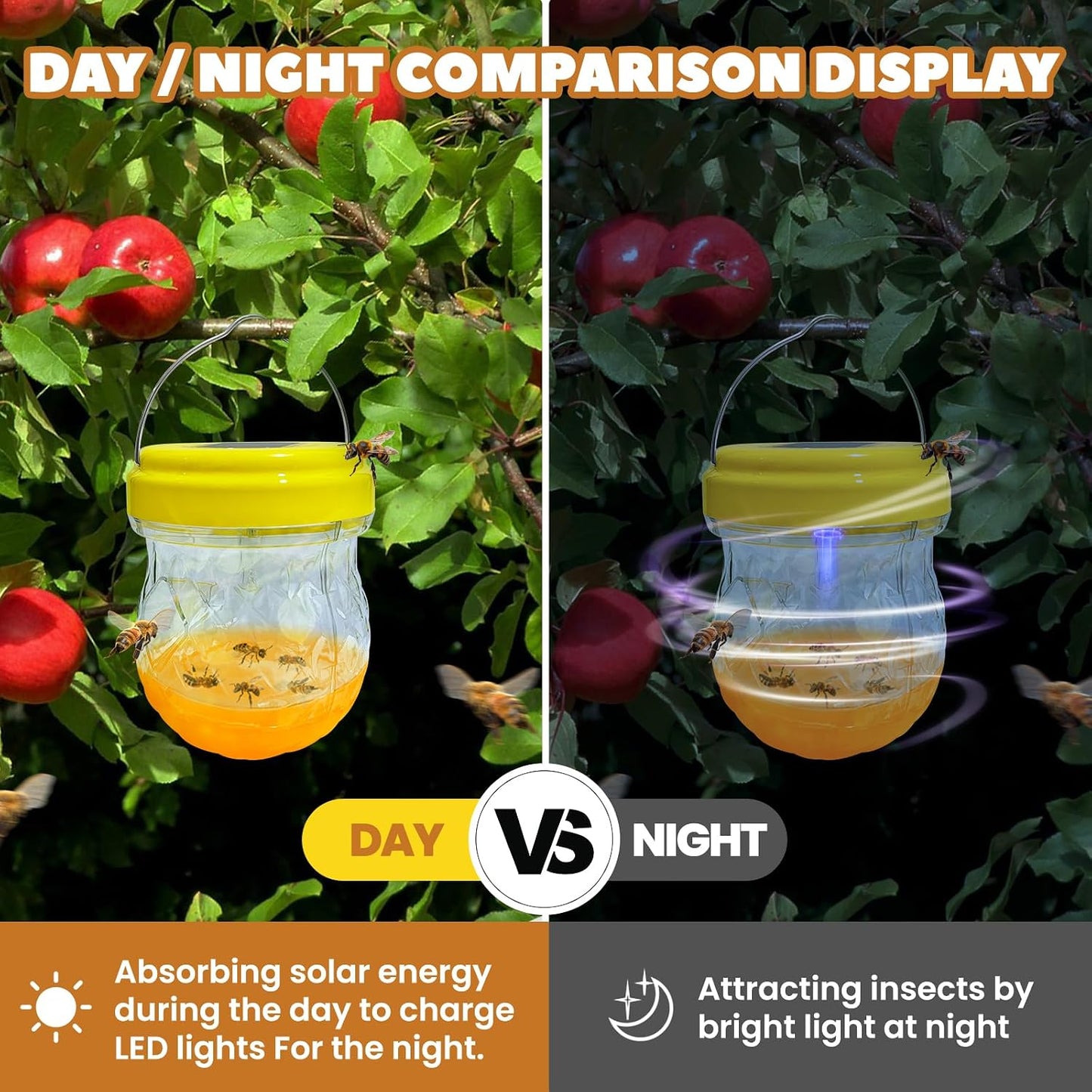 2 Pack Wasp Traps Solar Day & Night Wasps Bee Trap for Outdoor Hanging Outside Yellow Jacket Hornet Wasp Trap Catcher for Yard, Garden, Farm (Bait NOT Included)