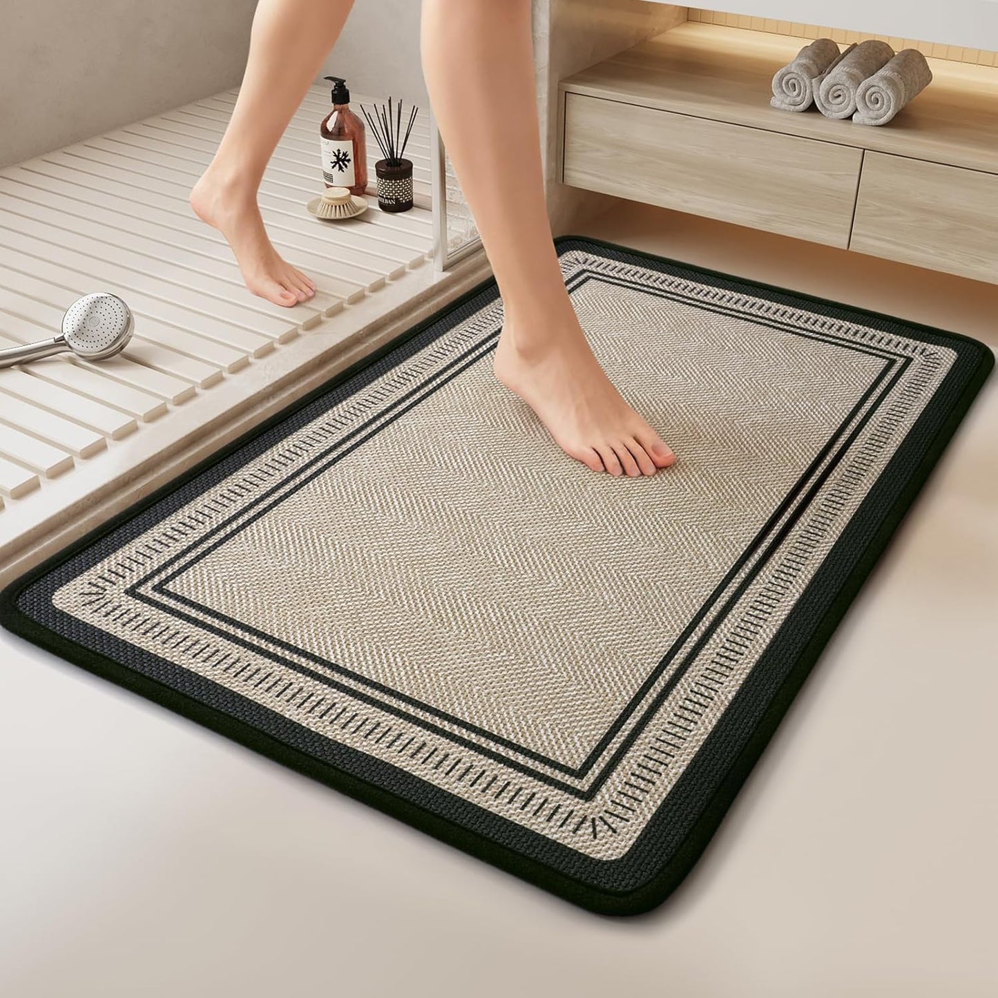 Non Slip Bath Mat with Rubber Backing, Absorbent Quick Dry Bath Rugs Washable, Thin Bathroom Rugs Fit Under Door for Bathroom Floor, Shower and Sink, 16"×24", Grey