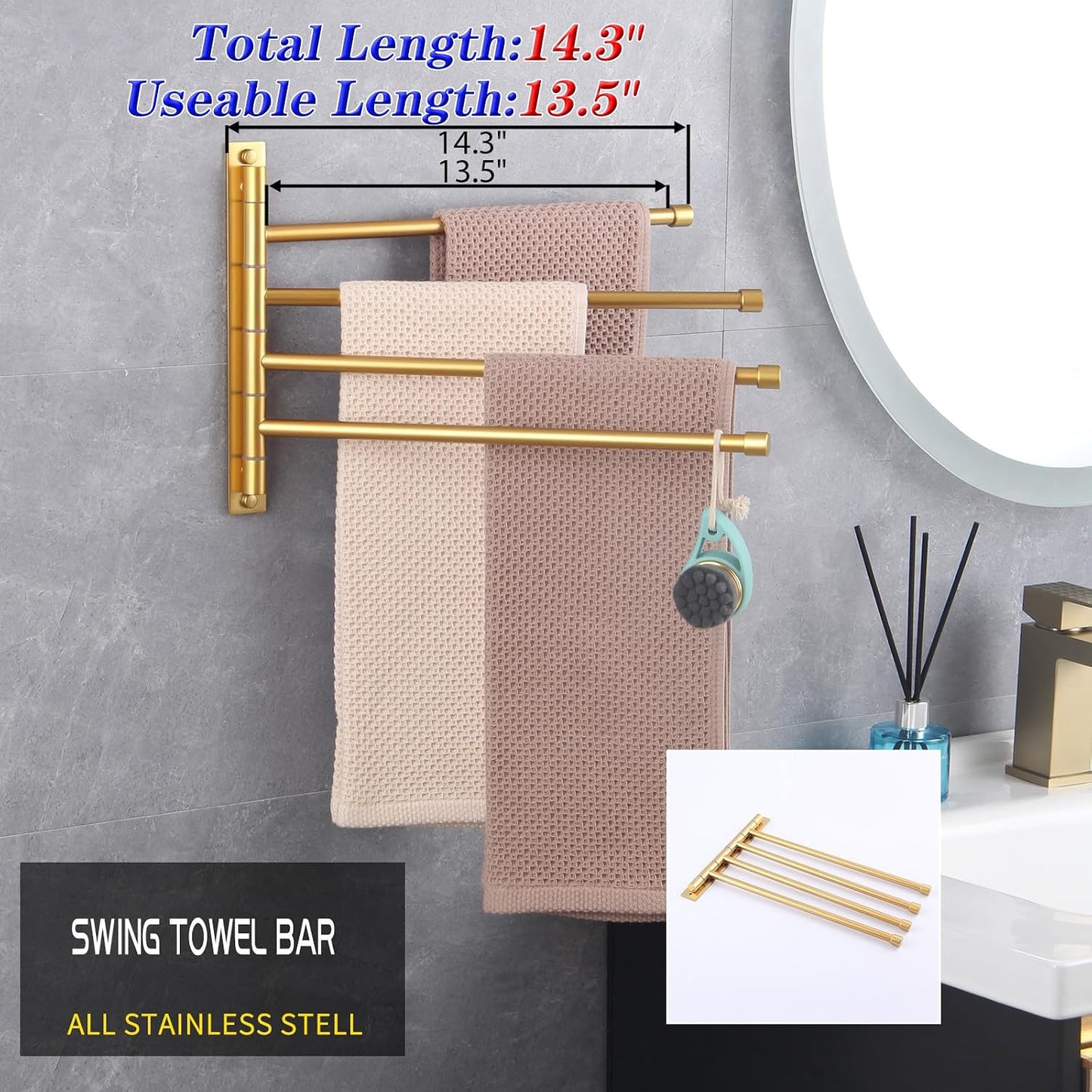 GERZWY Wall Mount Bath Towel Rack with 4 Arms Stainless Steel Bathroom Swing Arm Towel Bars Organizer, White