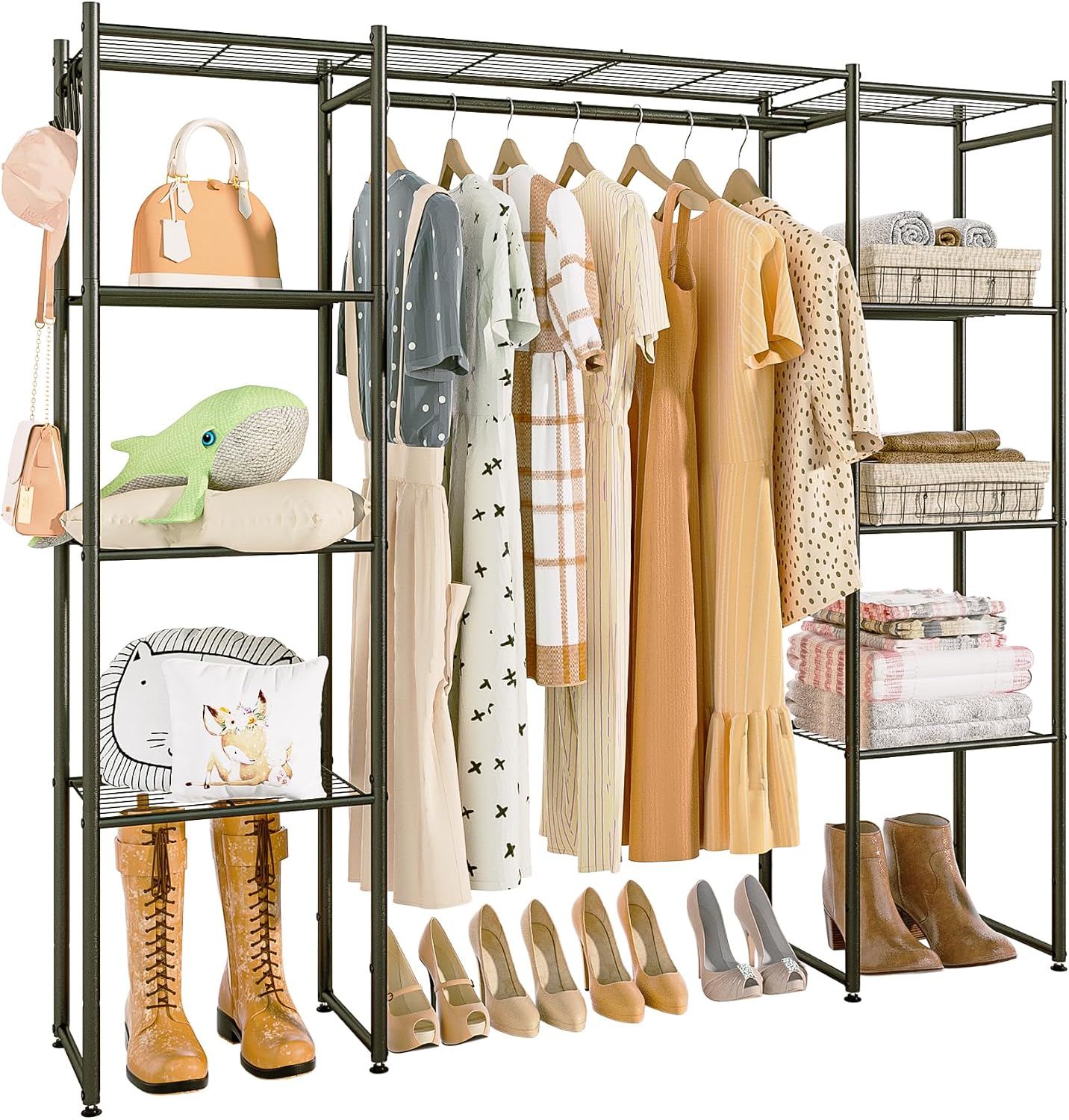 Neprock Wardrobe Closet, Portable Clothing Rack for Hanging Clothes, Free Standing Closet Organizers and Storage System with 4 Tiers Shelves for Cloakroom Bedroom,Black